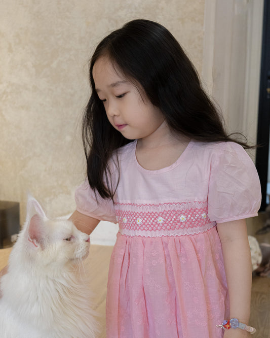 Daisy Dreams Dress - Graceful pink dress with a touch of hand embroidery daisy flowers